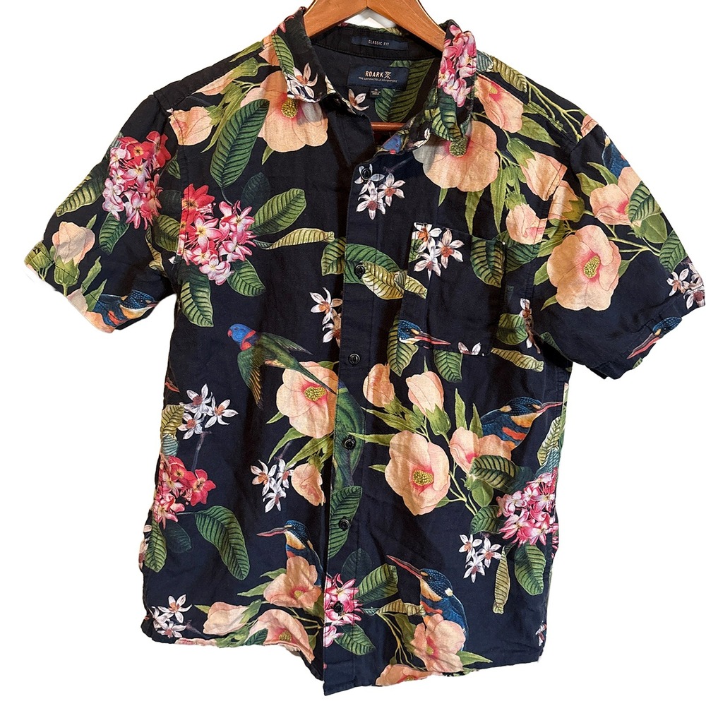 Roark Tropical Floral Cotton Linen Button Down Classic Fit Shirt Mens Small